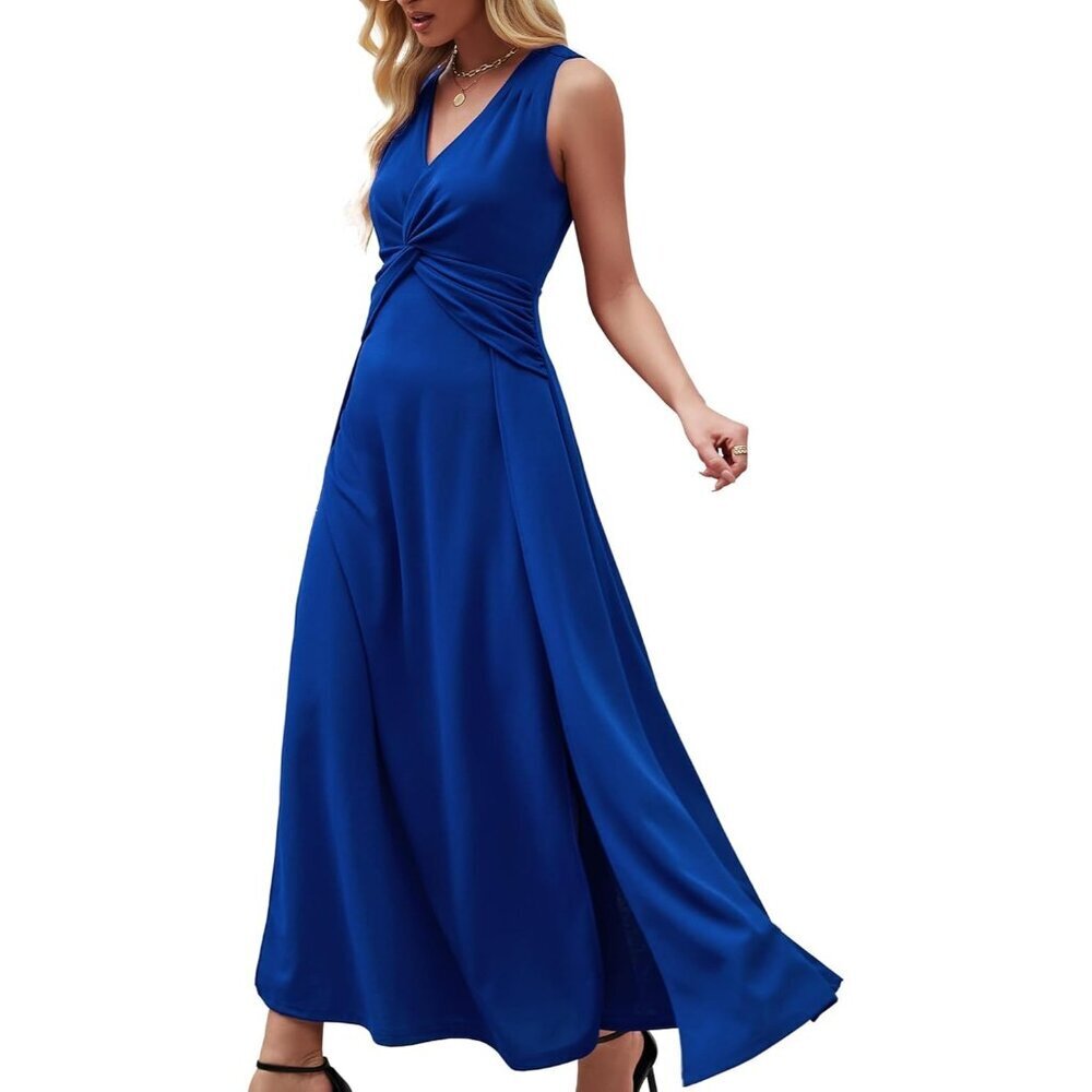 Women Royal BlueSleeveless V Neck Formal A-line Midi Cocktail Dress With Flutter